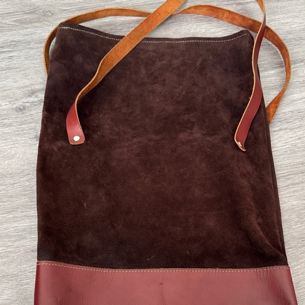 Handmade Suede and Leather Brown and Burgundy Fold Over Slouchy Bucket Bag - Picture 4 of 14